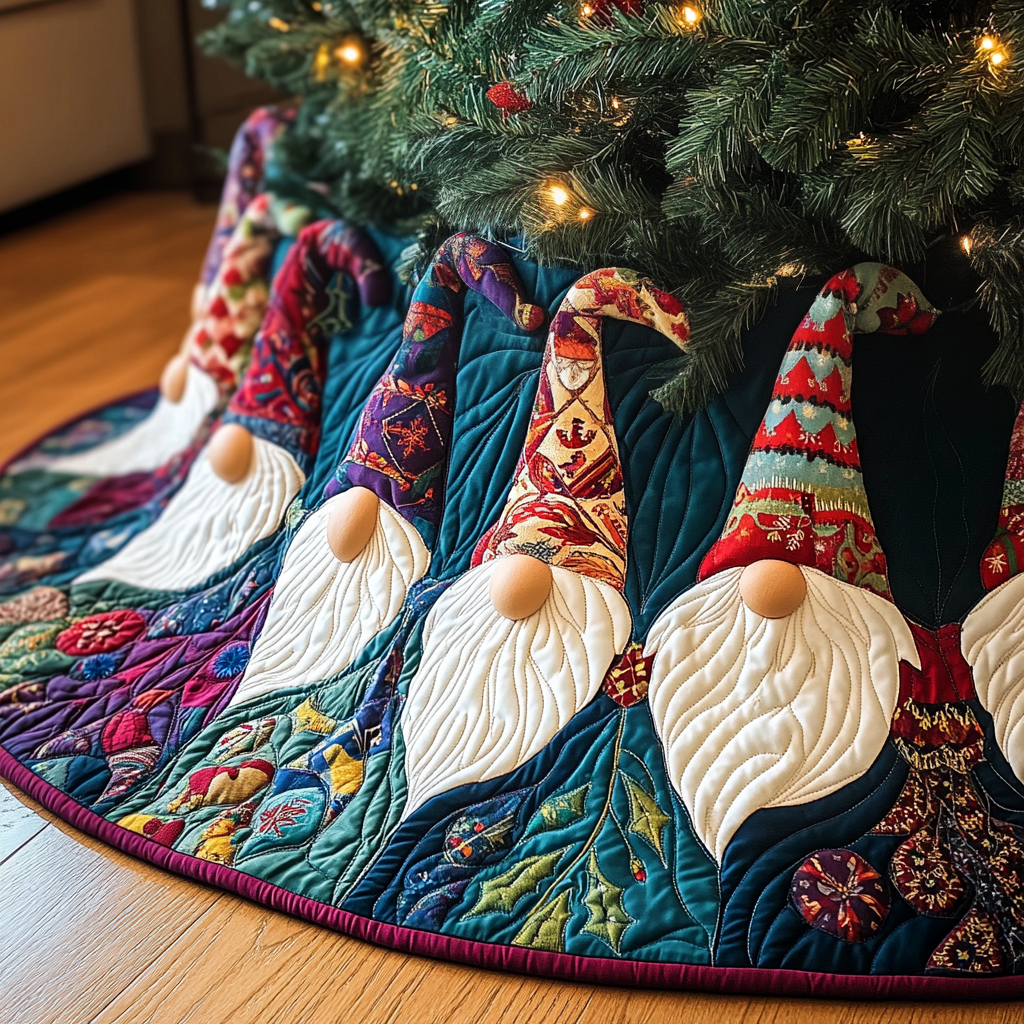 Holiday Gnomes Quilted Christmas Tree Skirt Lovely Gift Merch for a Festive Home