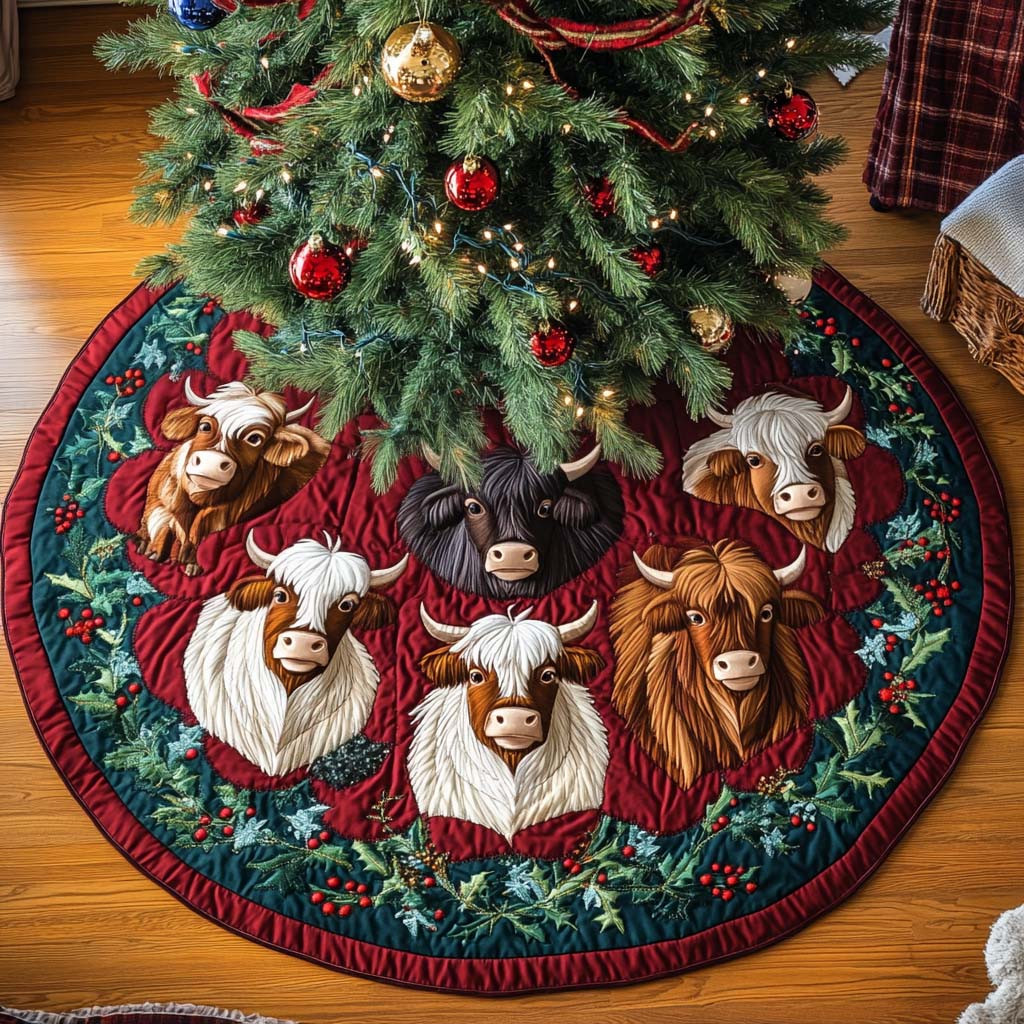 Holiday Highlanders Christmas Quilted Tree Skirt Holiday Decor Christmas Gifts For Cow Lovers