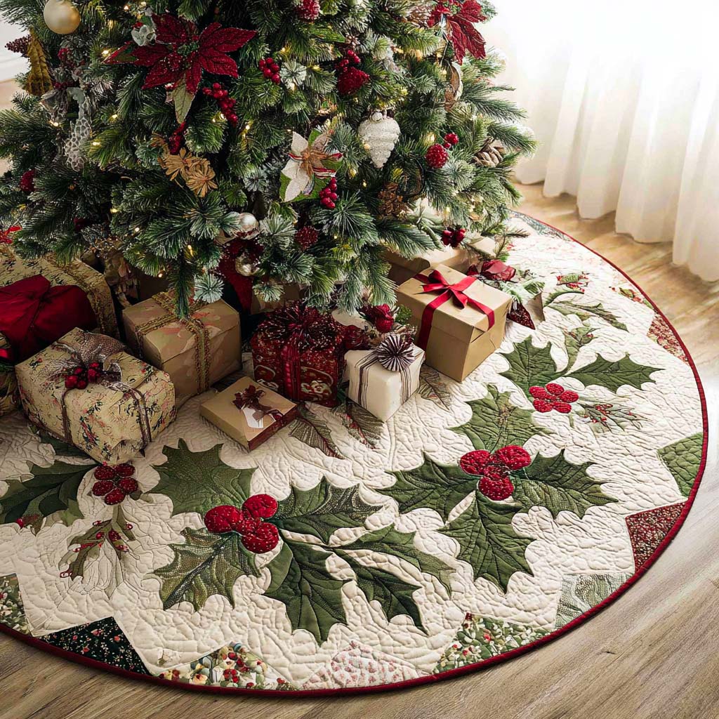 Holiday Holly Christmas Quilted Tree Skirt Indoor Xmas Decorations Family Christmas Gifts