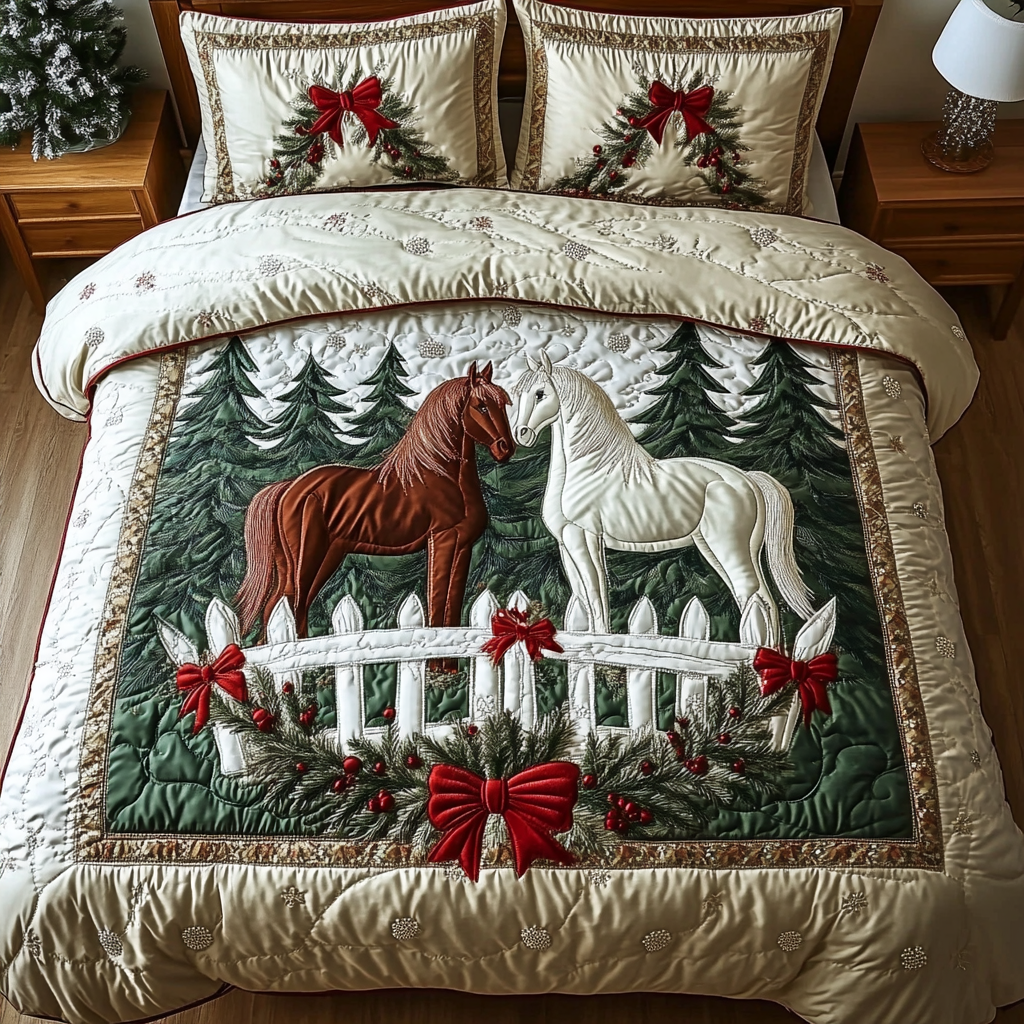 Holiday Horses Quilted Bedding Set Best Christmas Duvet Cover Set Useful Gifts For Horse Owners