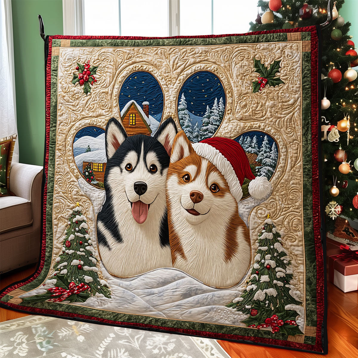 Holiday Huskies Quilt Blanket Christmas Blanket Good Presents For Dog Lovers