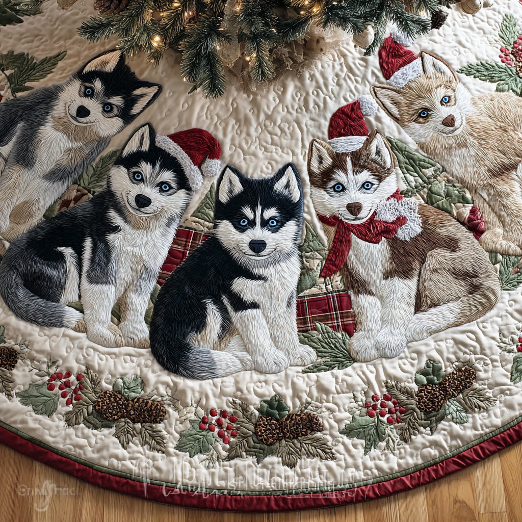 Holiday Husky Spirit Quilted Christmas Tree Skirt Xmas Tree Cover Base Husky Indoor Christmas Decorations