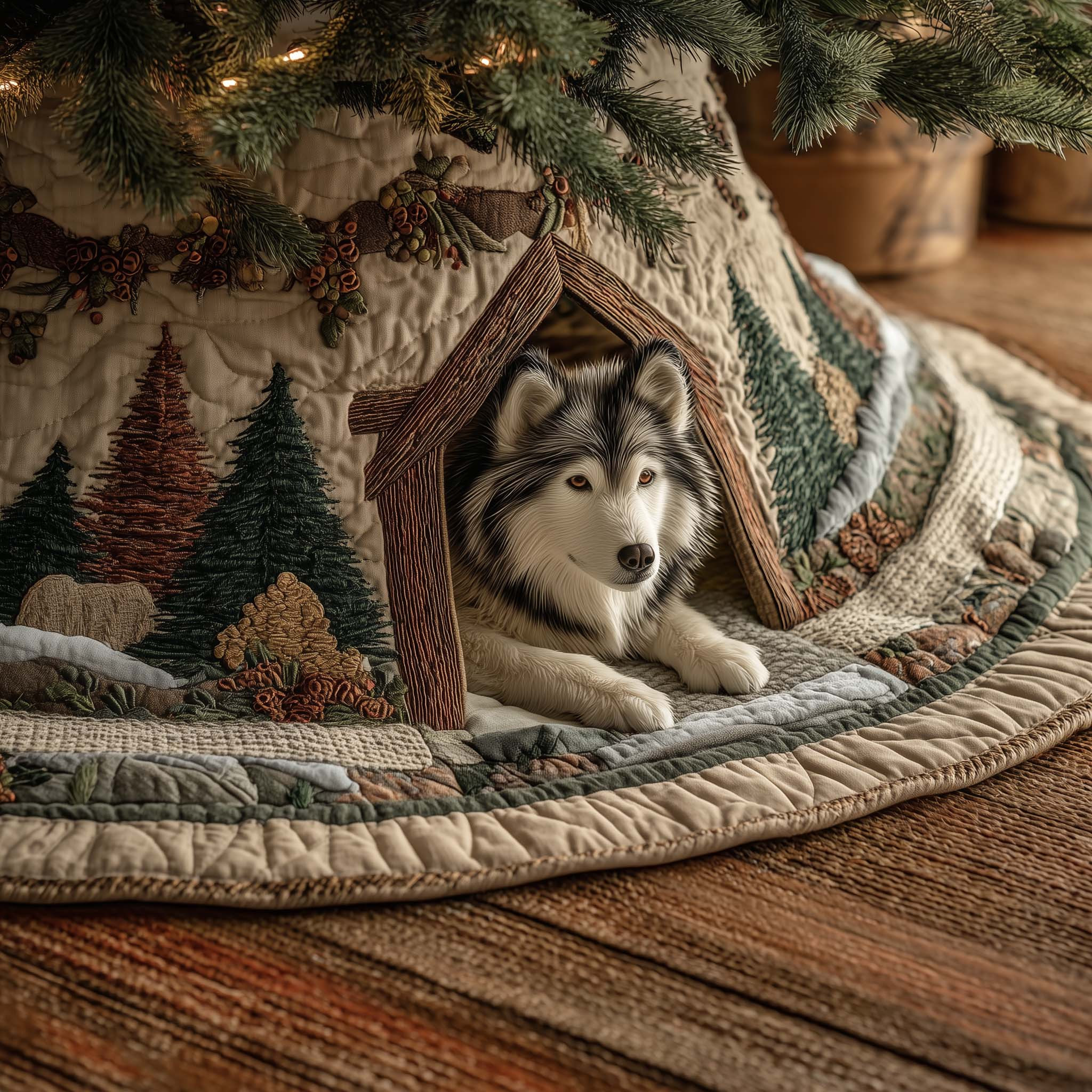 Holiday Husky Spirit Quilted Tree Skirt Animal Home Decor Husky Lover Christmas Gifts