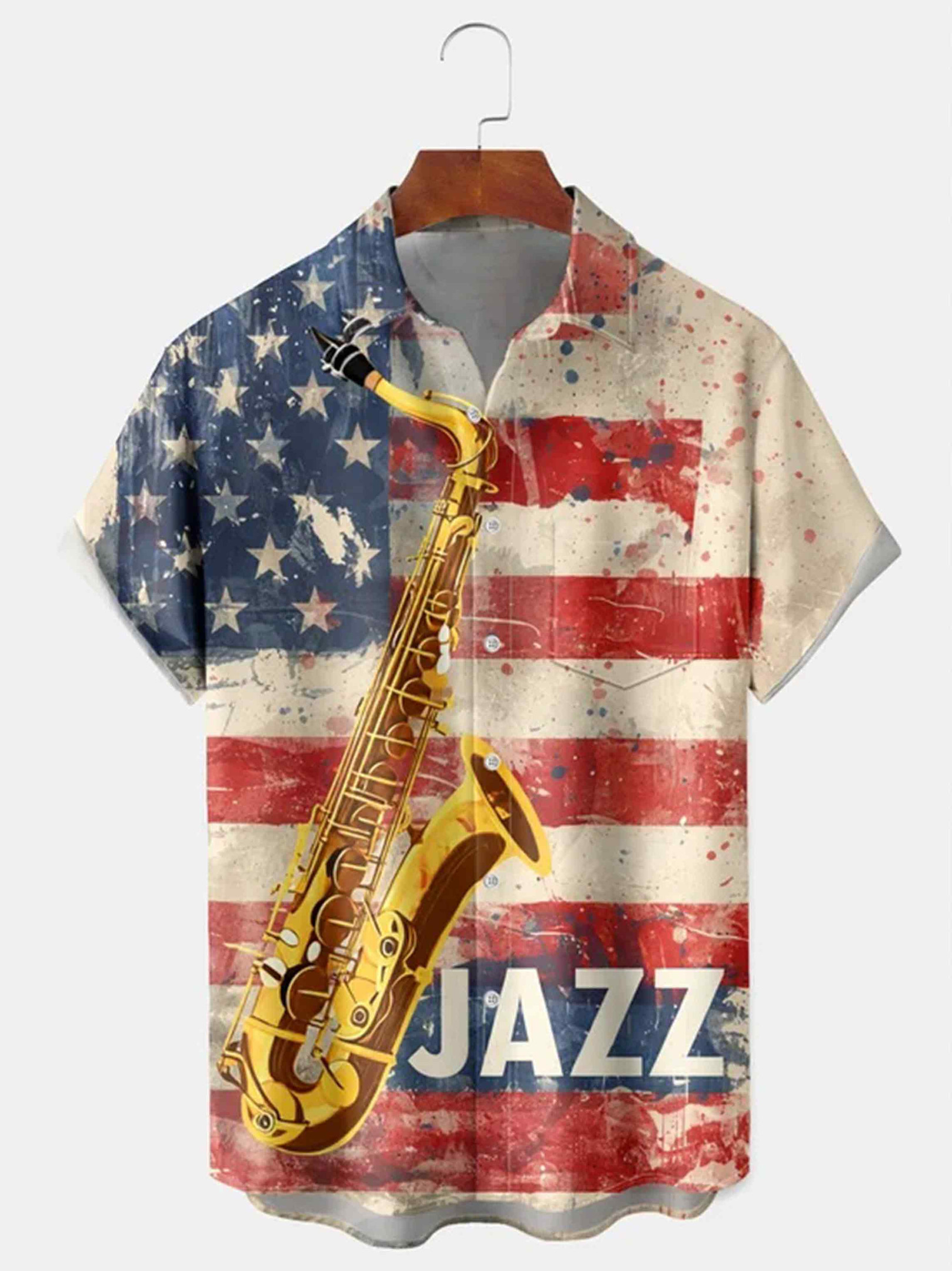 Holiday Jazz Saxophone American Flag Button Shirt Independence Day Clothing Gift For Him