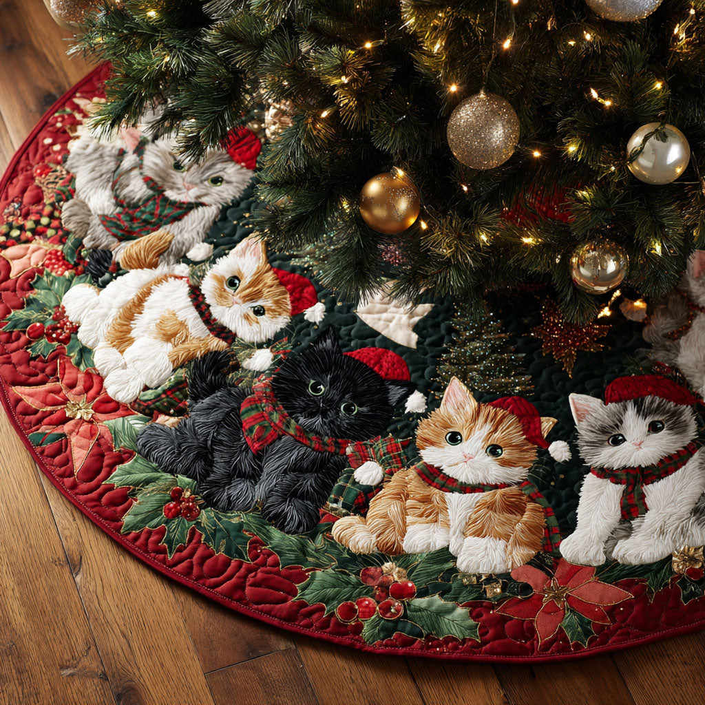 Holiday Kittens Christmas Quilted Tree Skirt Holiday Home Decor Black Cat Christmas Gifts