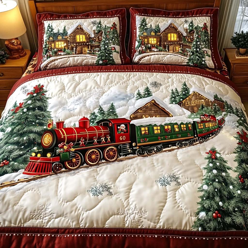 Holiday Magic Train Quilted Bedding Set Twin Comforter Sets Christmas Gift For Children