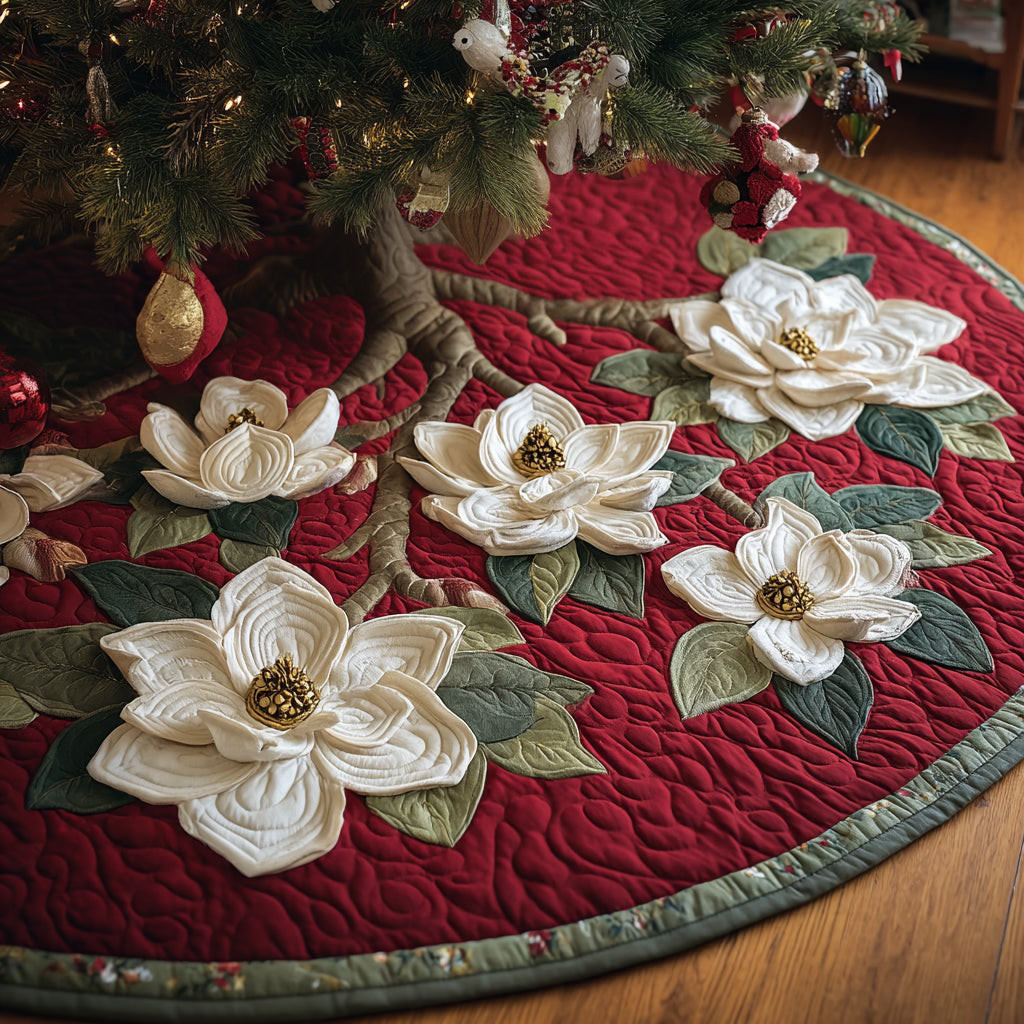 Holiday Magnolia Christmas Quilted Tree Skirt Holiday Decor Christmas Gifts For Flower Lover