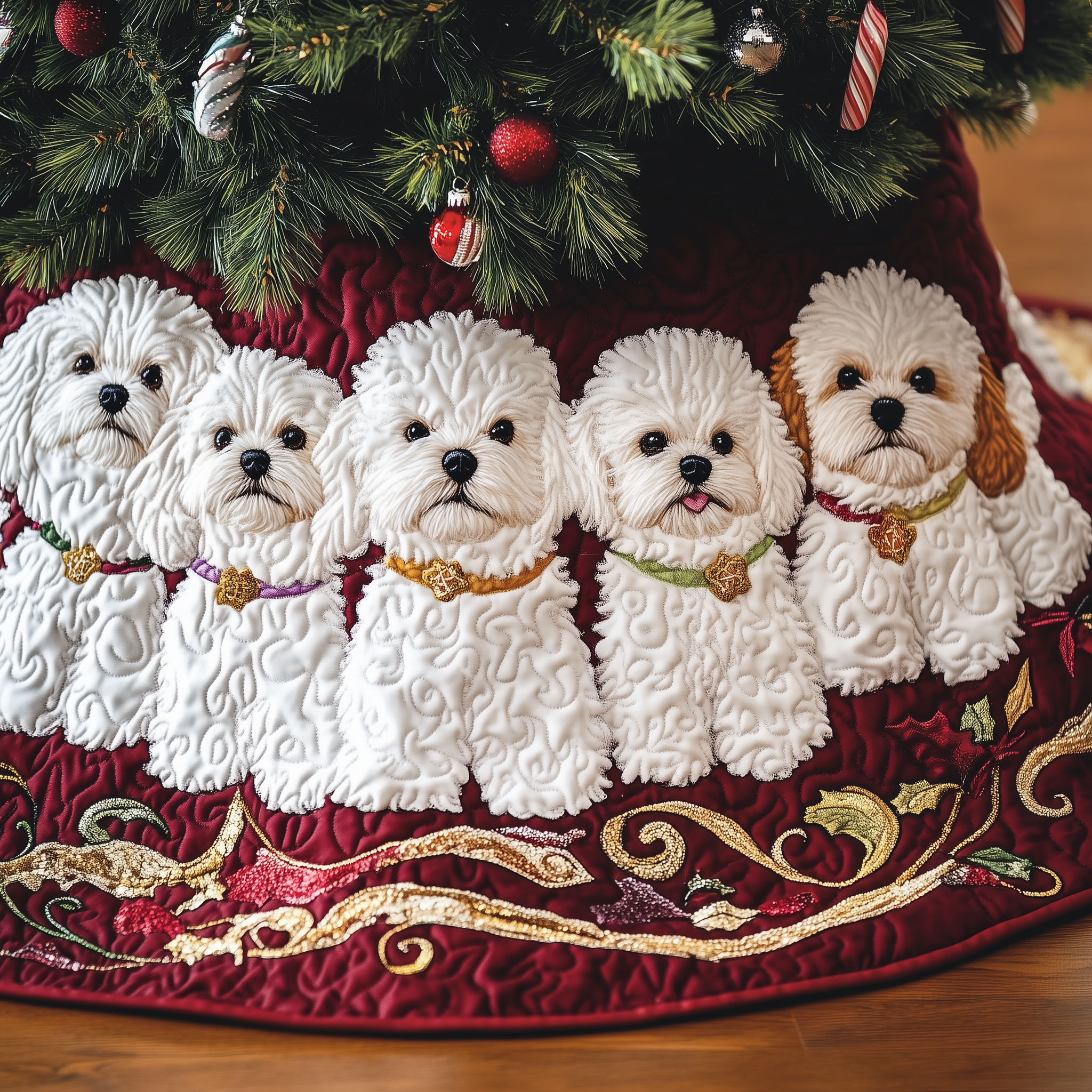 Holiday Maltese Christmas Tree Skirt Quilted Santa Hat Dog Design Perfect Gift Idea