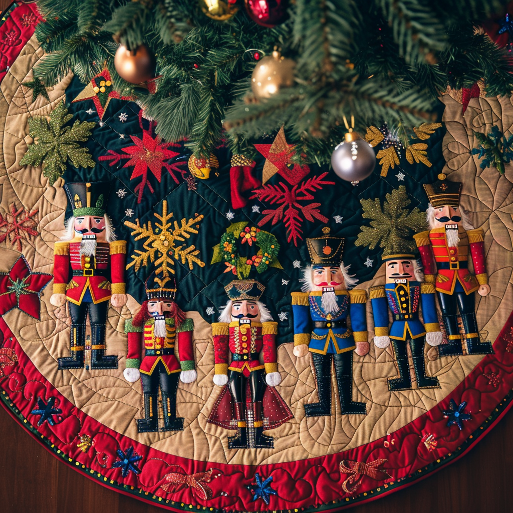 Holiday Nutcracker Parade Quilted Christmas Tree Skirt Charming Tree Skirt for Family Gatherings