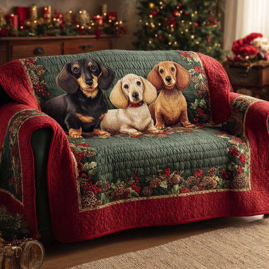 Holiday Paws Trio Quilted Sofa Cover Living Room Winter Decor Presents For Dachshund Lovers