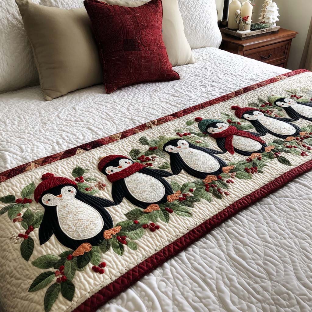 Holiday Penguins Quilted Bed Runner Christmas Bed Runner 2025 Christmas Gifts