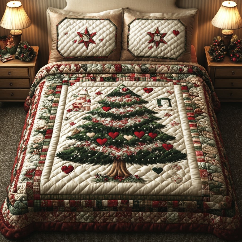Holiday Pine Serenade Quilted Bedding Set King Bedspread Festive Gift For Sister