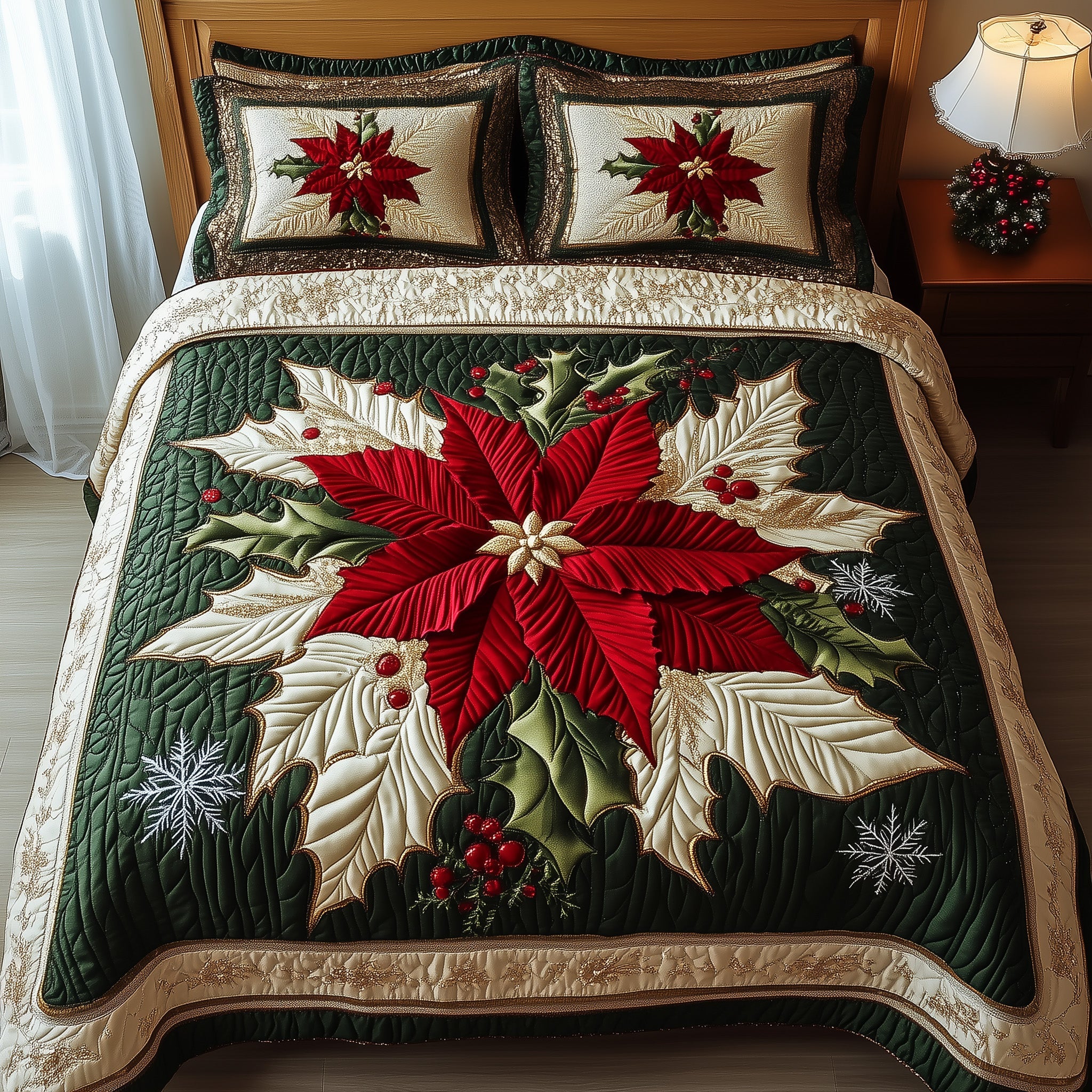 Holiday Poinsettia Christmas Quilted Bedding Set Duvet Cover Bedspread Ã‡ozy Winter Xmas Gifts For Her