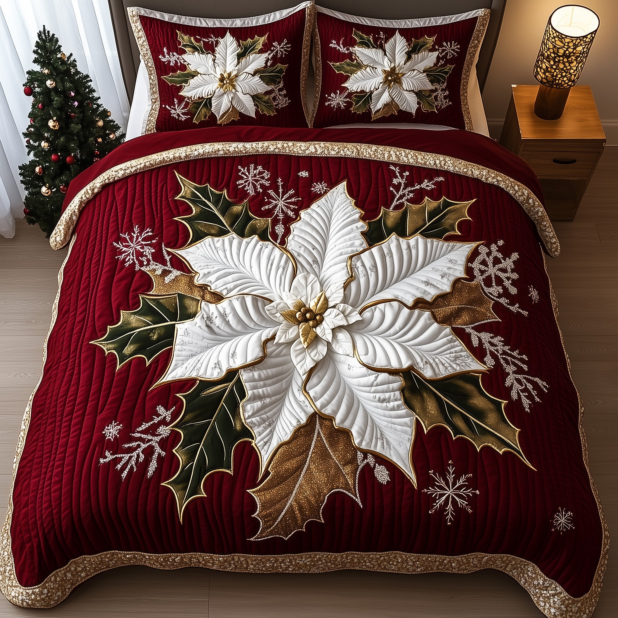 Holiday Poinsettia Christmas Quilted Bedding Set Duvet Cover Bedspread Winter Theme Xmas Gift Ideas