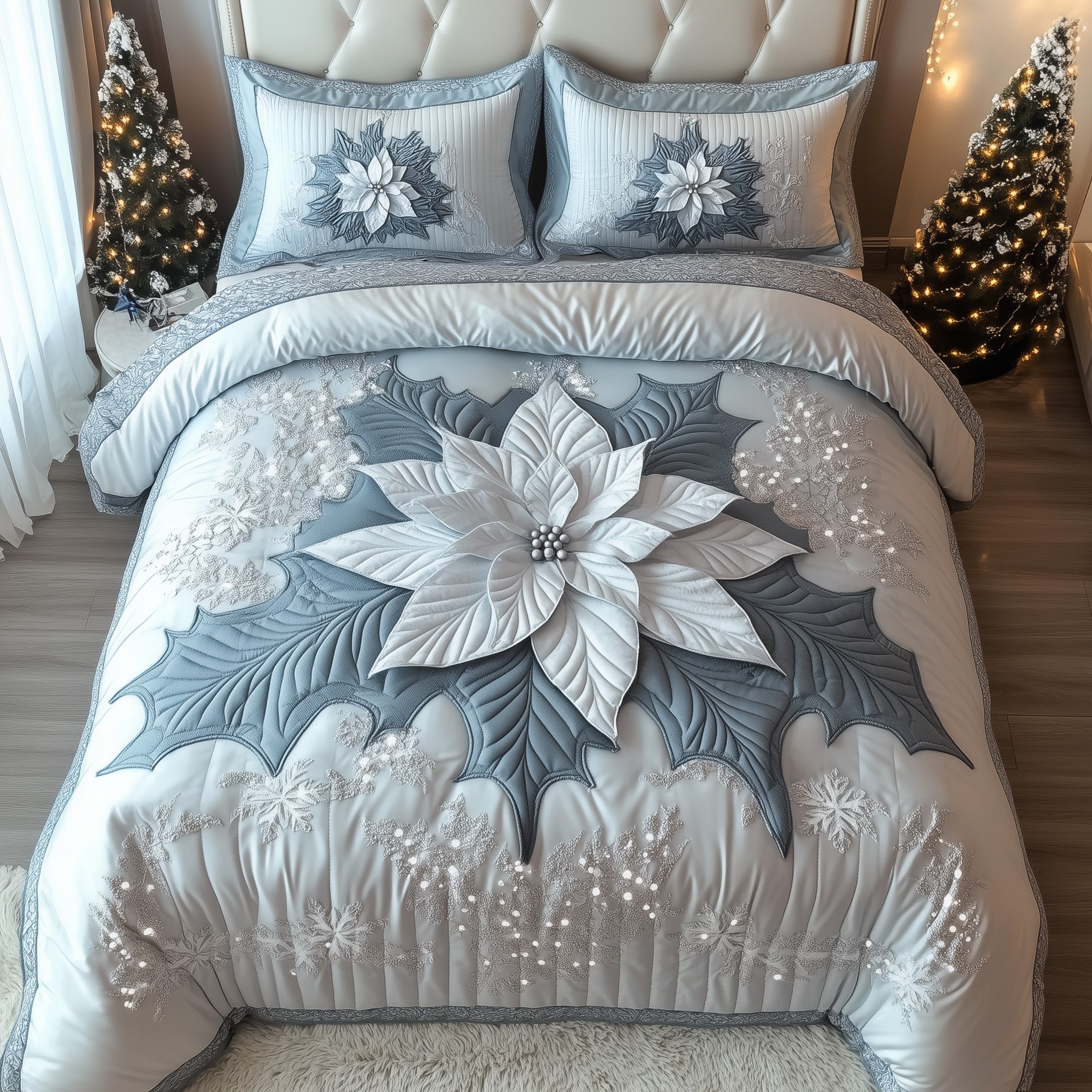 Holiday Poinsettia Christmas Quilted Bedding Set Duvet Cover Bedspread Winter Theme Xmas Gifts For Teens