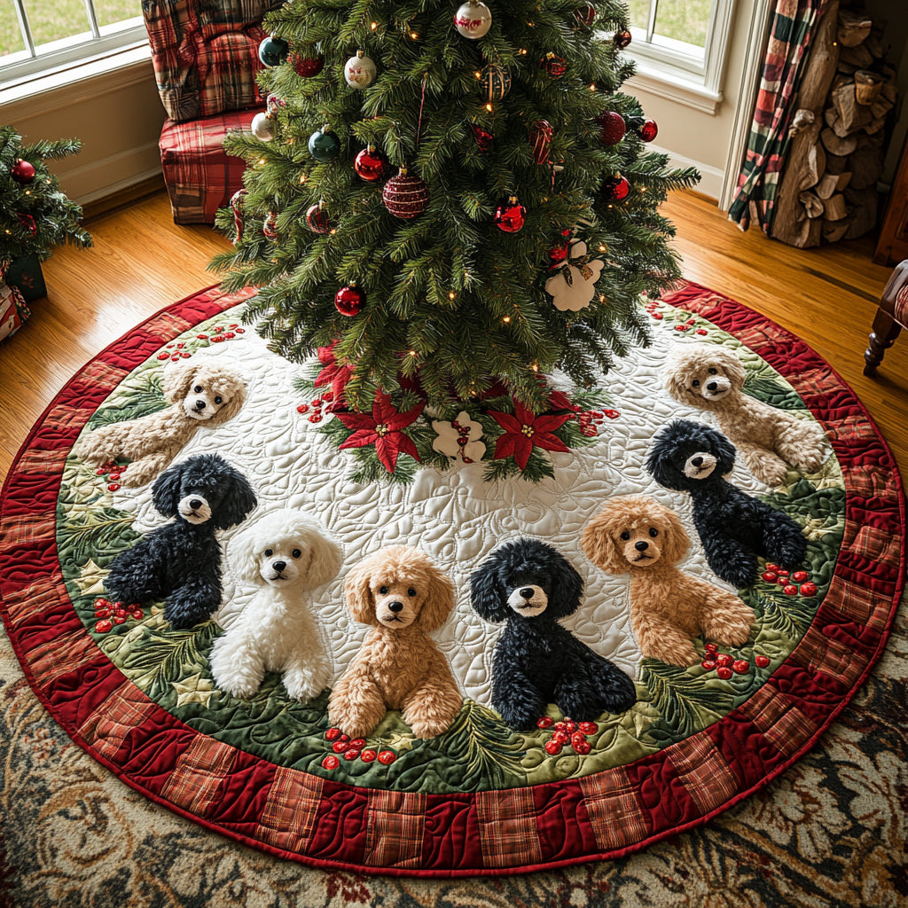 Holiday Poodle Charm Quilted Christmas Tree Skirt Festive Christmas Tree Skirt for Holiday Decor