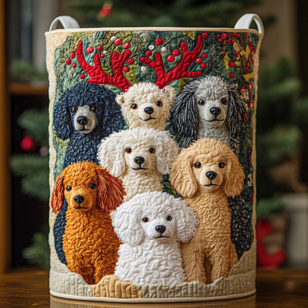 Holiday Poodle Family Quilted Laundry Basket Trendy Quilted Laundry Tote for Home and Dorm