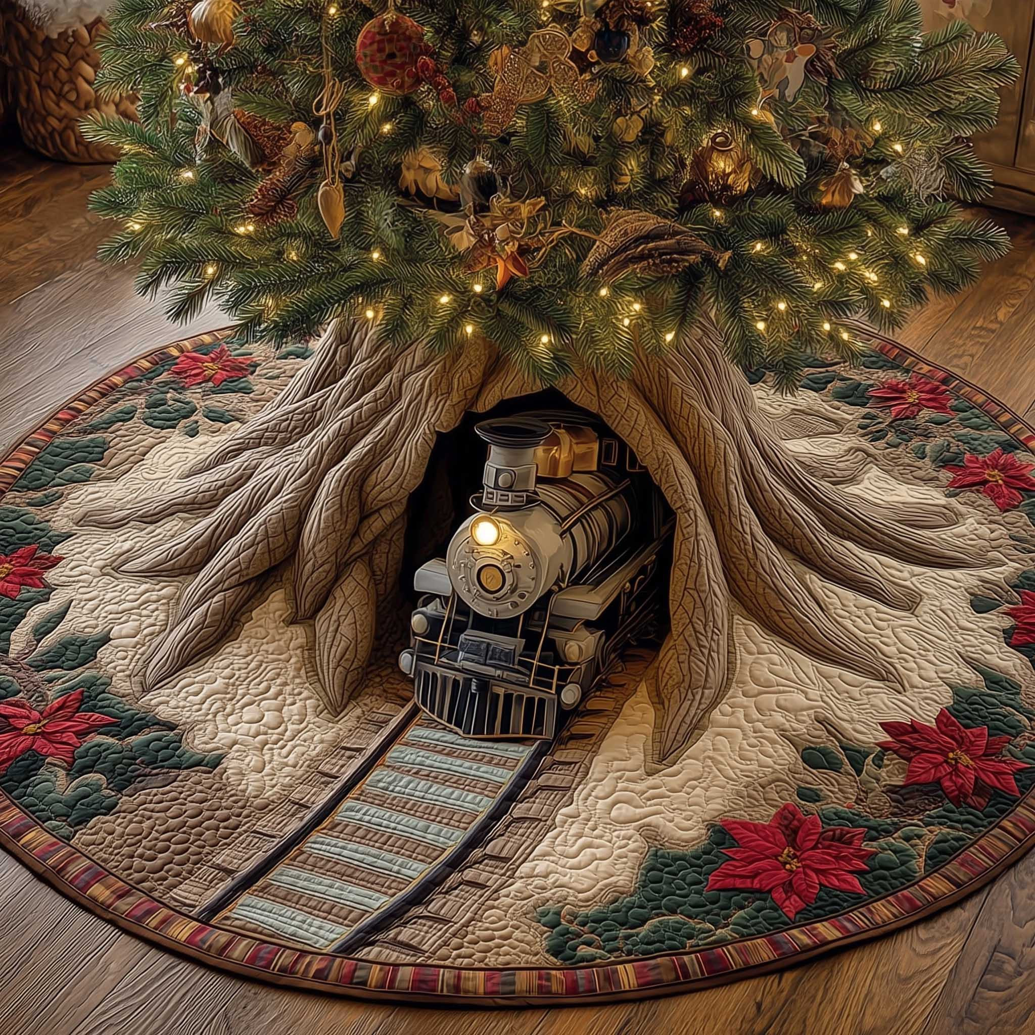 Holiday Railway Christmas Quilted Tree Skirt Home Decor Xmas Tree Skirt Best Xmas Gifts
