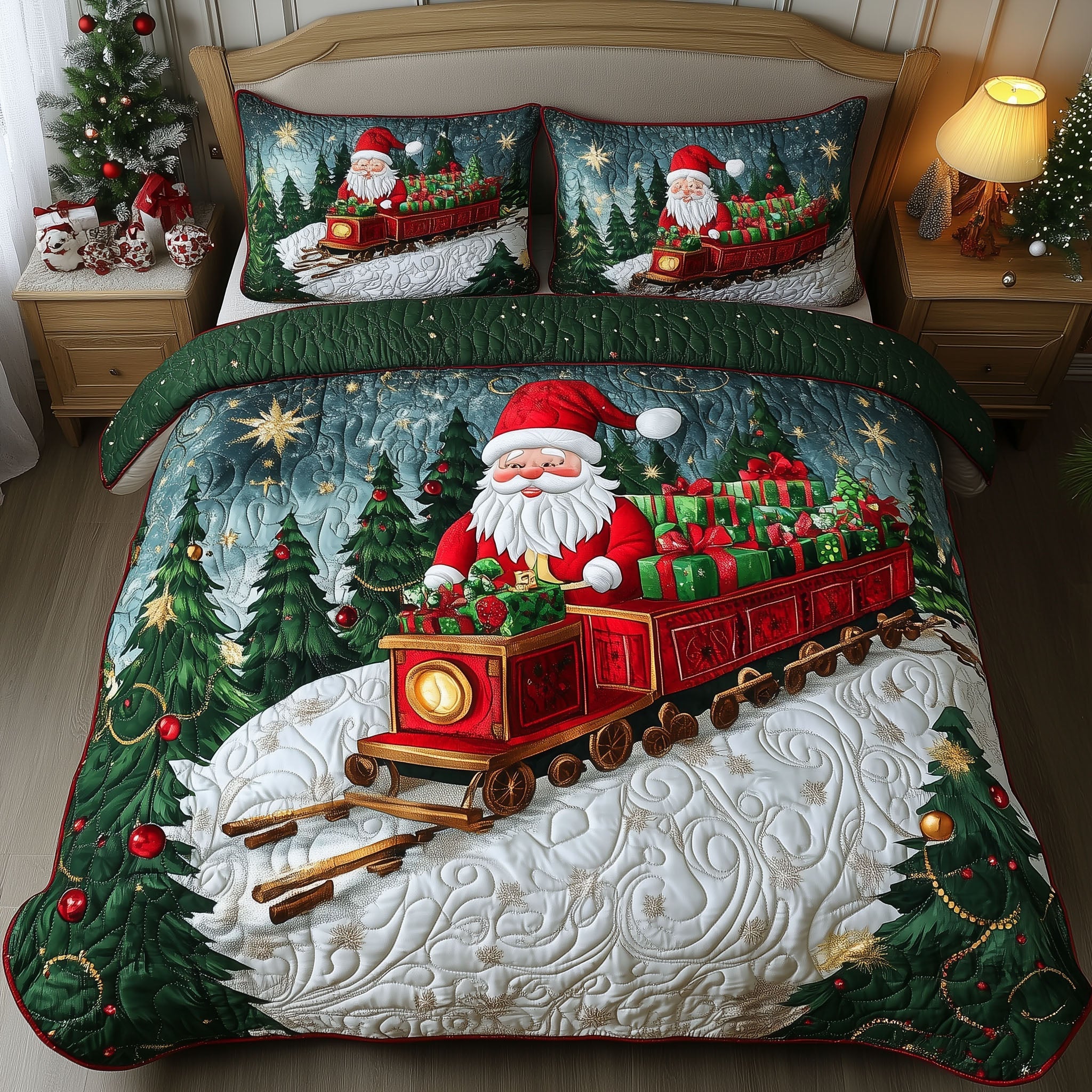 Holiday Railways Quilted Bedding Set Holiday Season Duvet Cover Set Christmas Presents For Wife