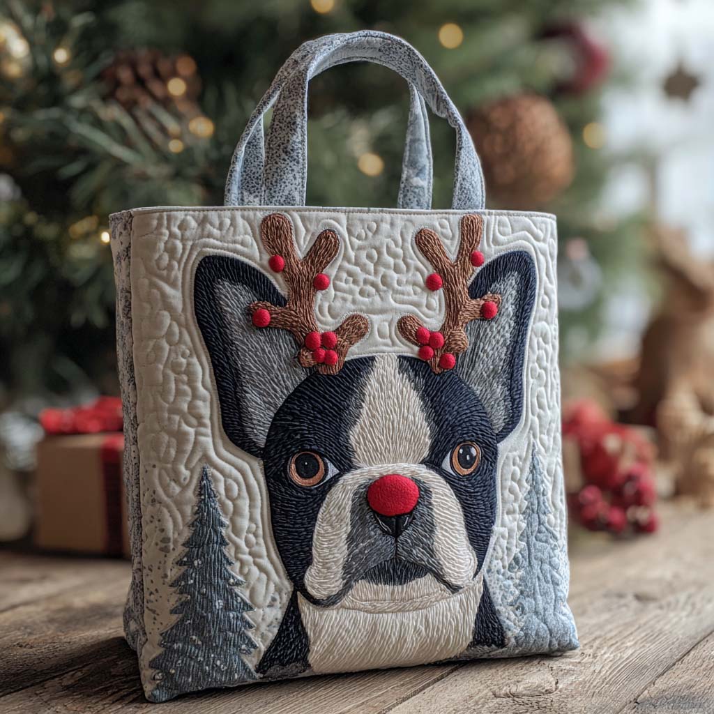 Holiday Reindeer Boston Quilted Tote Bag Best Gifts For Dog Lovers