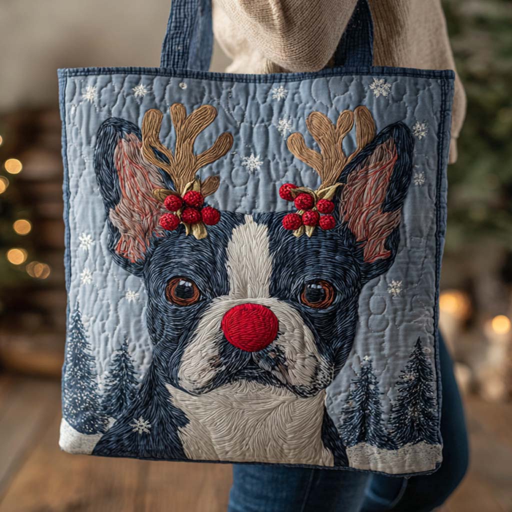 Holiday Reindeer Boston Terrier Quilted Tote Bag Animal Lovers Presents