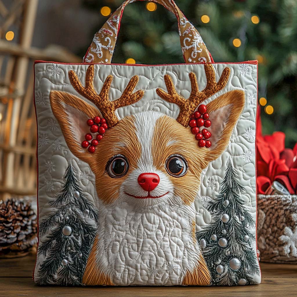Holiday Reindeer Chihuahua Quilted Tote Bag Gifts For Pet Lovers