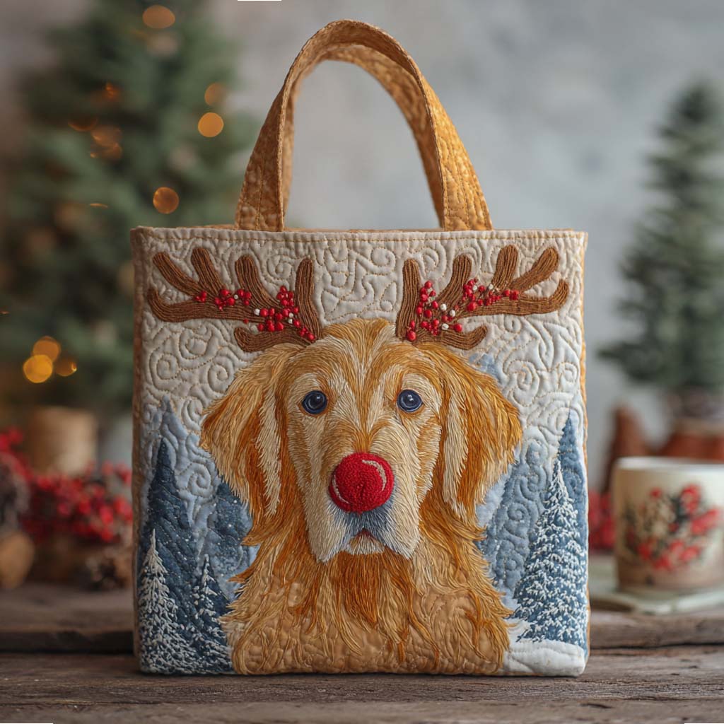 Holiday Reindeer Golden Retriever Quilted Tote Bag Doggy Presents For Christmas