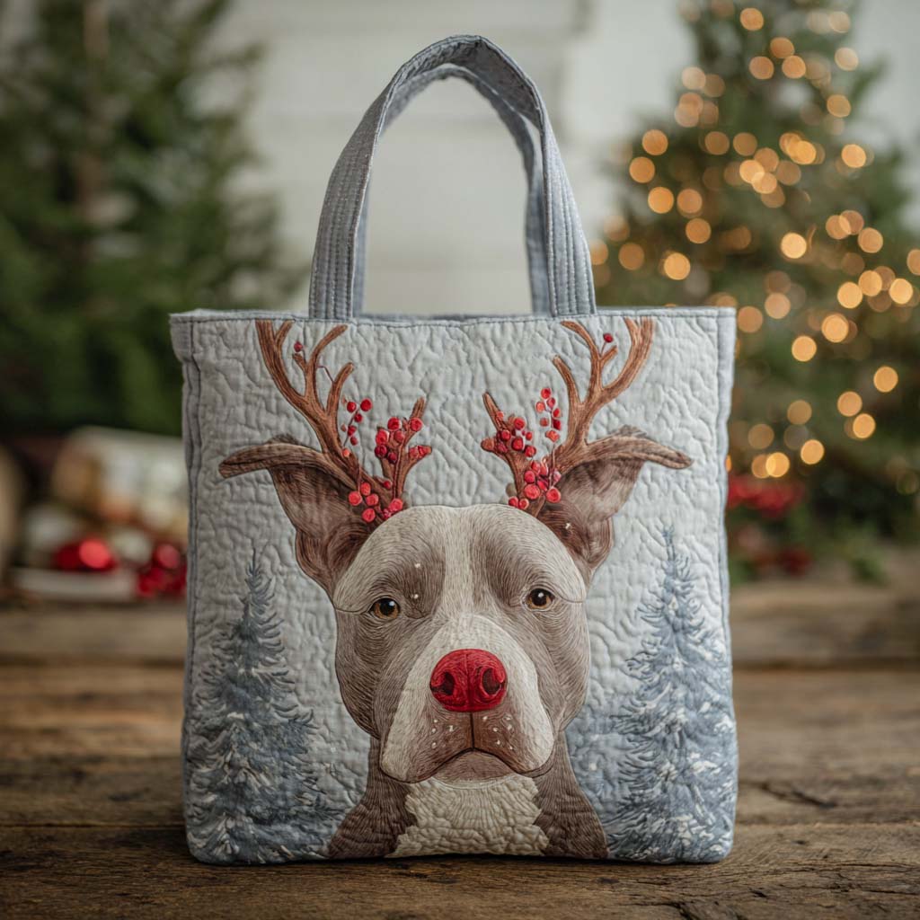 Holiday Reindeer Pitbull Quilted Tote Bag Best Presents For Dog