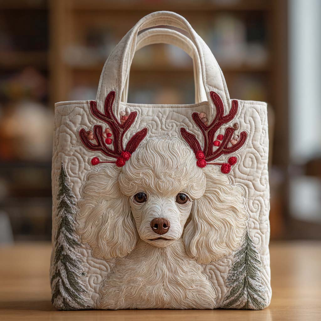 Holiday Reindeer Poodle White Quilted Tote Bag Cool Gifts For Dog
