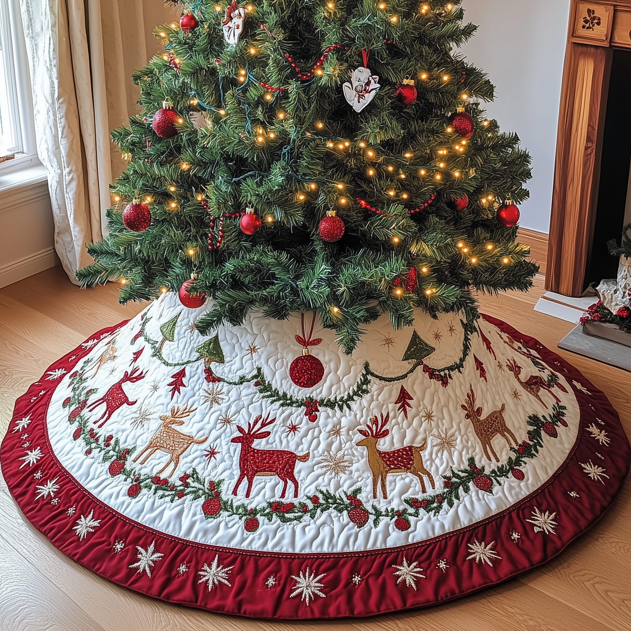 Holiday Reindeer Quilted Tree Skirt Cute Xmas Surround Tree Base Indoor Home Decorations
