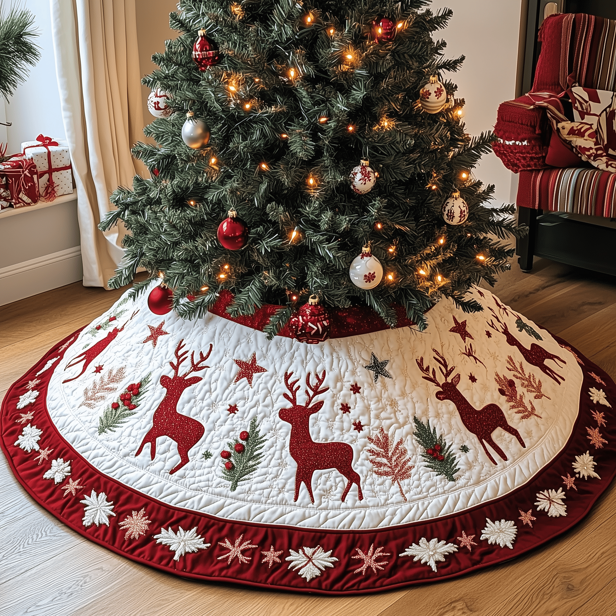 Holiday Reindeer Quilted Tree Skirt Cute Xmas Surround Tree Base Indoor Home Decorations