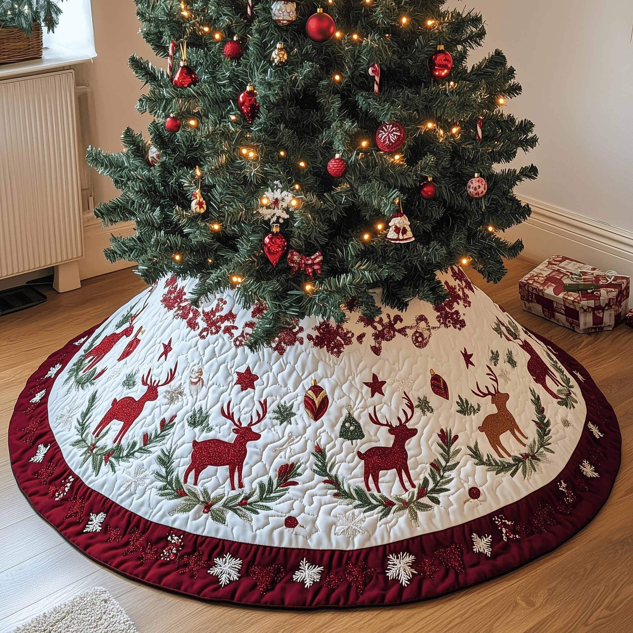 Holiday Reindeer Quilted Tree Skirt Cute Xmas Surround Tree Base Indoor Home Decorations