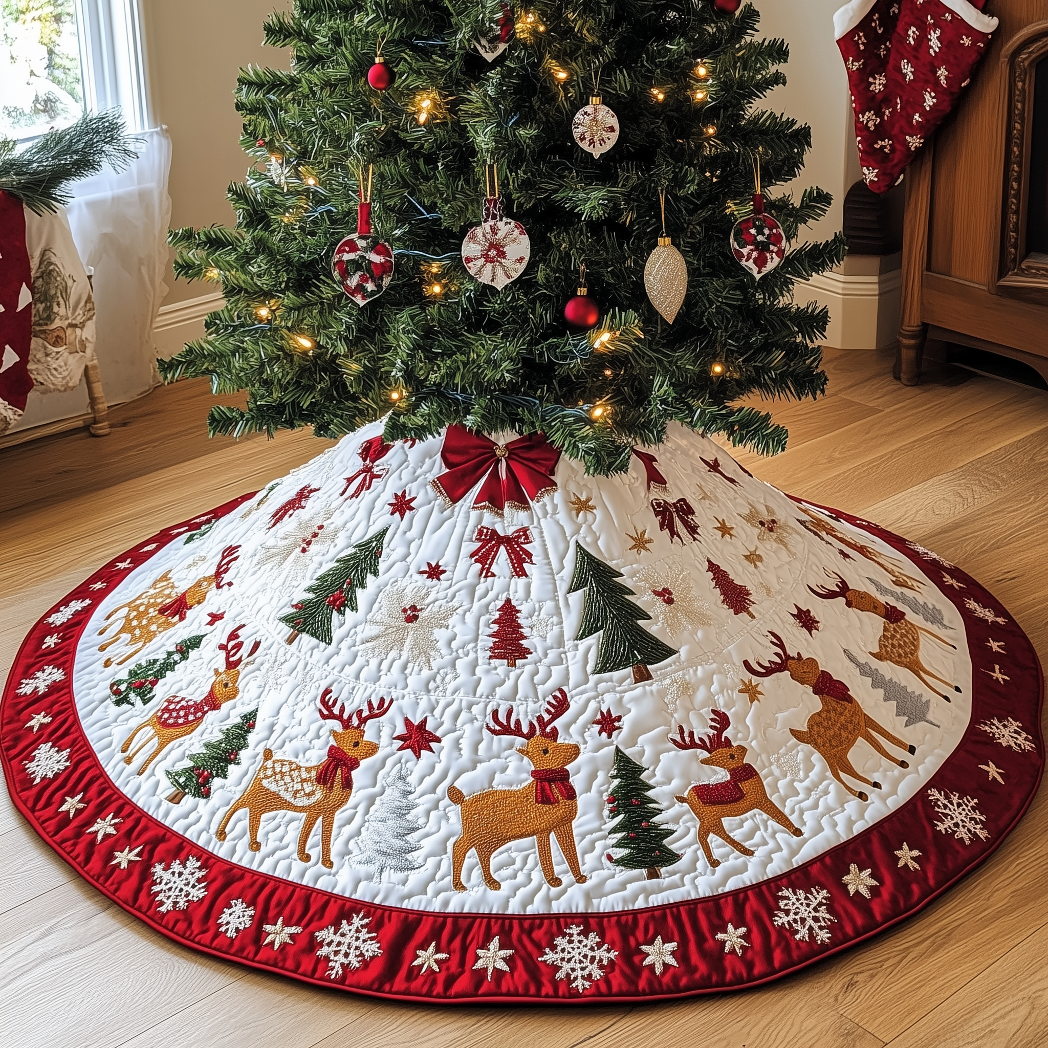 Holiday Reindeer Quilted Tree Skirt Xmas Surround Tree Base Cover Home Decorations Family Gift Ideas