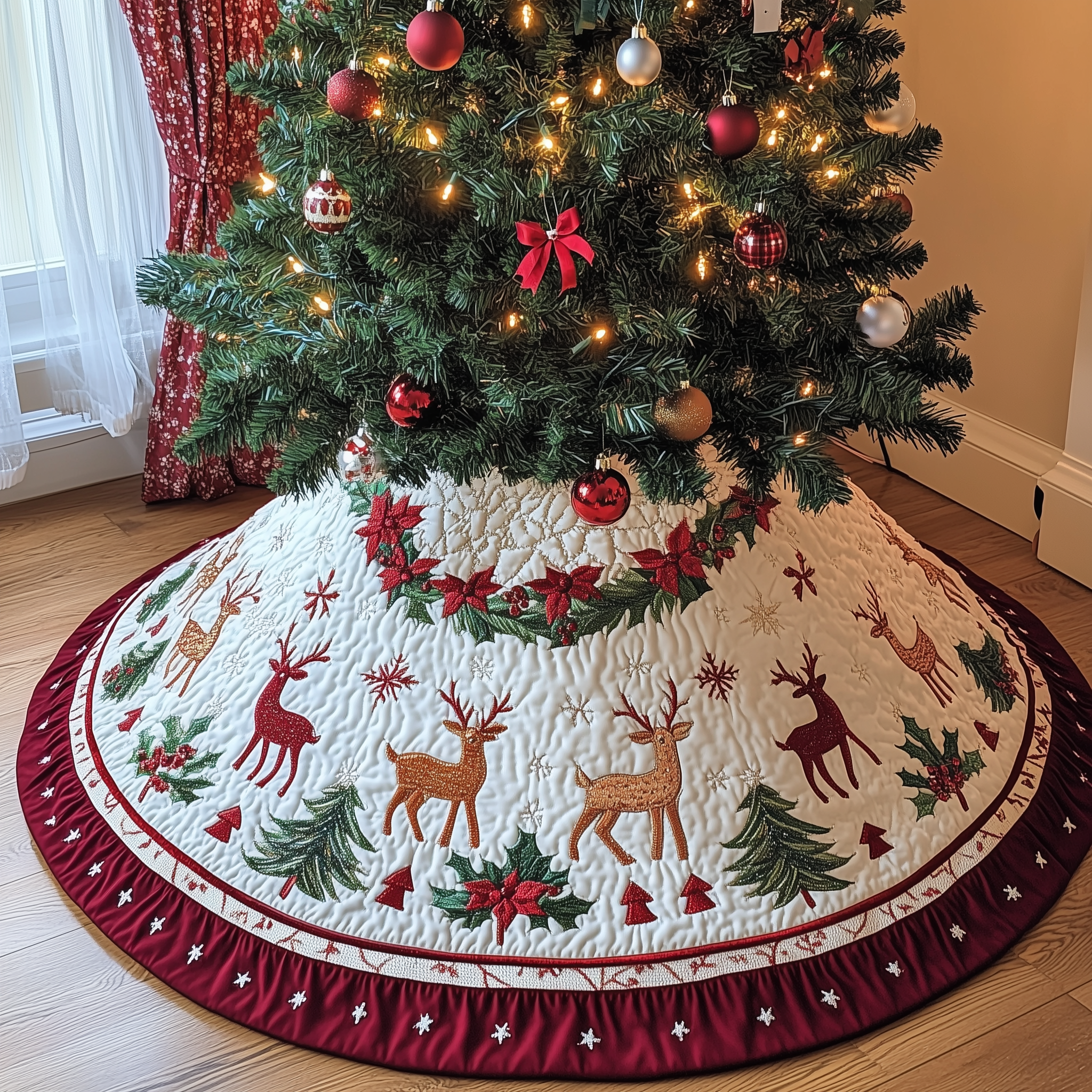 Holiday Reindeer Quilted Tree Skirt Xmas Surround Tree Base Cover Home Decorations Family Gift Ideas