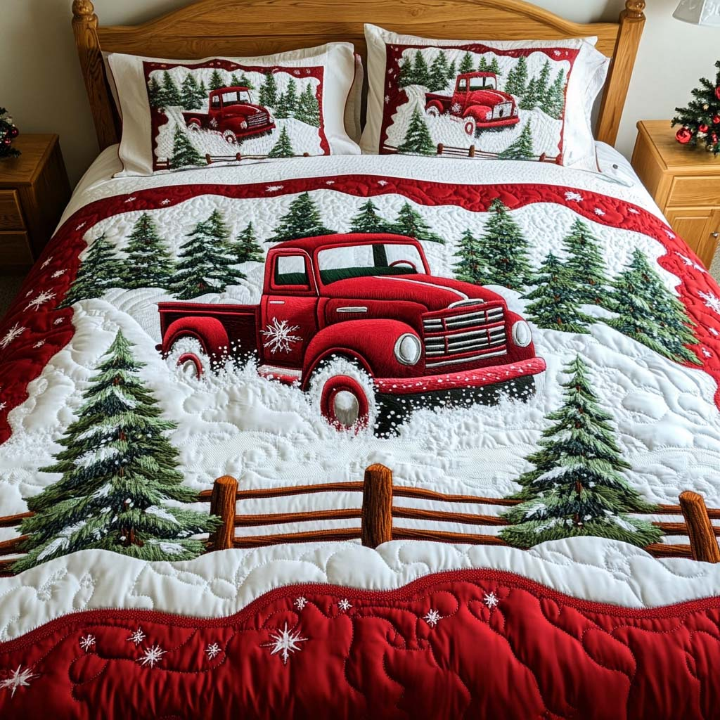 Holiday Ride Quilt Bedding Set Red Truck Duvet Covers Secret Santa Gift for Mom