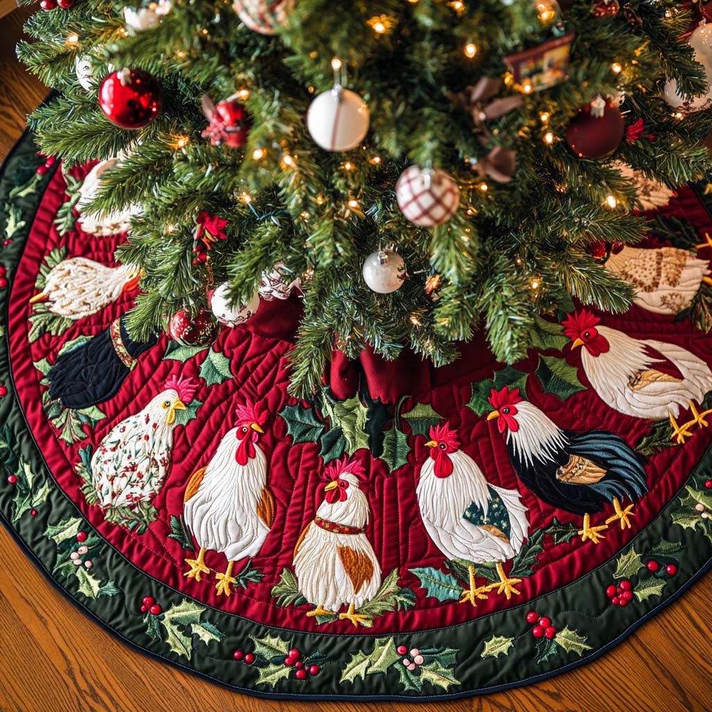 Holiday Roosters Christmas Quilted Tree Skirt Classic Red and White Tree Skirt for Traditional Decor