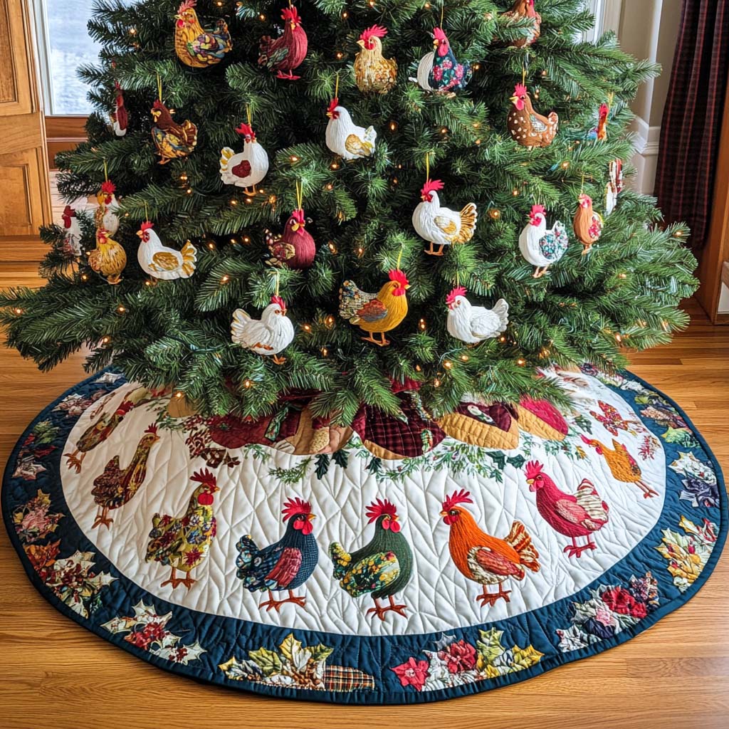 Holiday Roosters Delight Christmas Quilted Tree Skirt Seasonal Tree Area Decoration