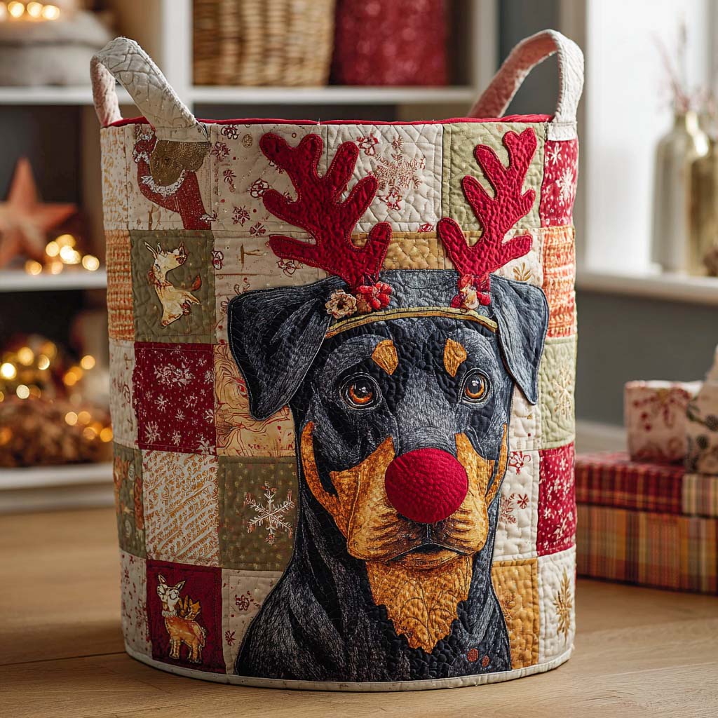 Holiday Rottie Spirit Quilted Laundry Basket Lovely Quilted Laundry Basket Gift for Mom or Grandma