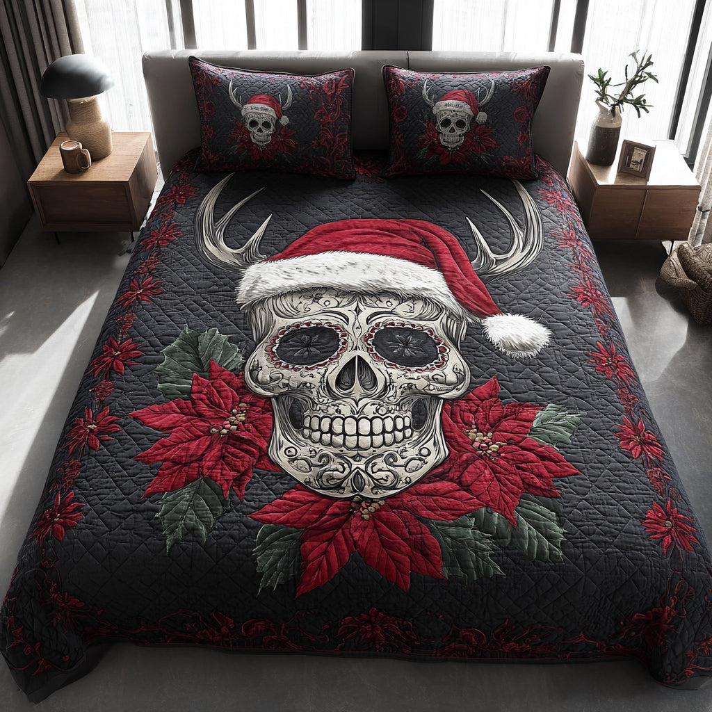 Holiday Skull Reindeer Quilted Bedding Set Christmas Duvet Cover Cool Skull Gifts For Her