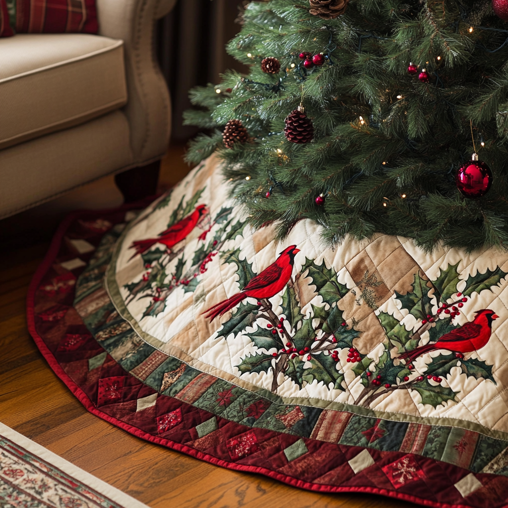 Holiday Songbirds Quilted Tree Skirt Lovely Holiday Tree Skirt for Festive Vibes