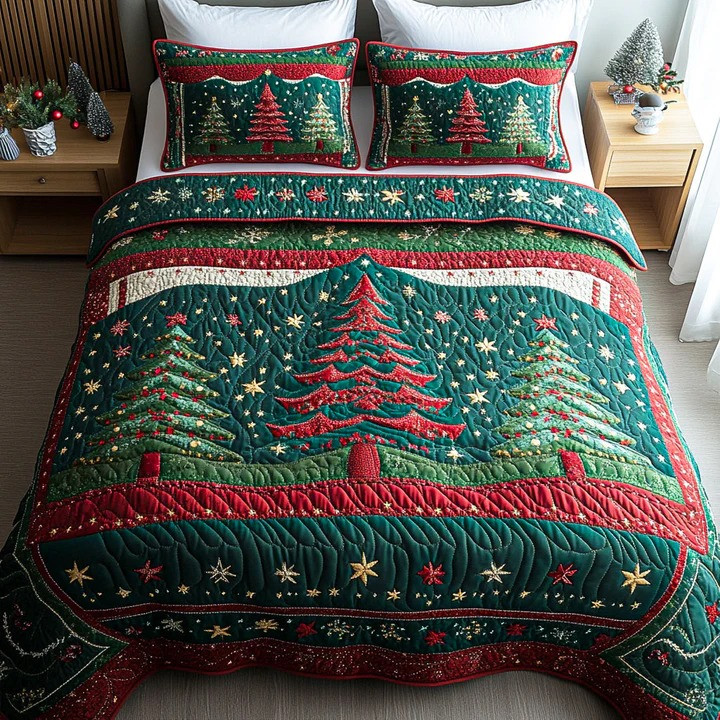 Holiday Spruce 3-Piece Quilted Bedding Set Christmas Tree Bedspread Best Xmas Holiday Gift Ideas