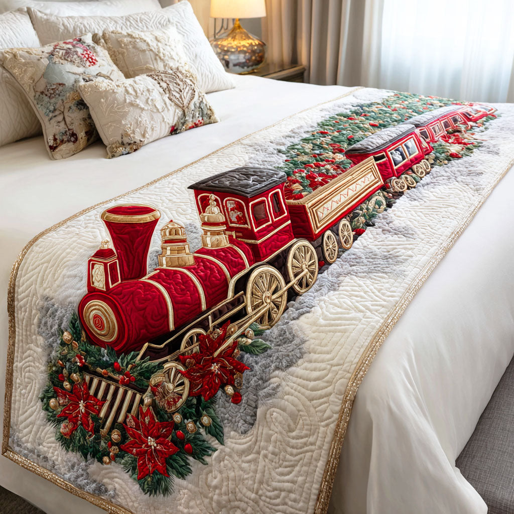 Holiday Steam Engine Quilted Bed Runner Bed Christmas Decor Secret Santa Gifts