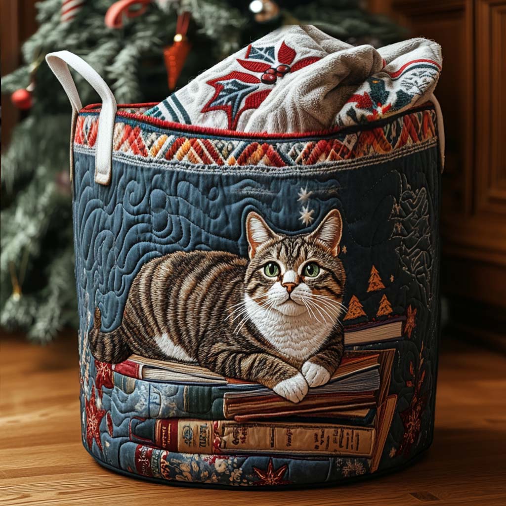 Holiday Story Cat Quilted Laundry Basket Unique Quilted Basket Gift for Holiday Season 2025