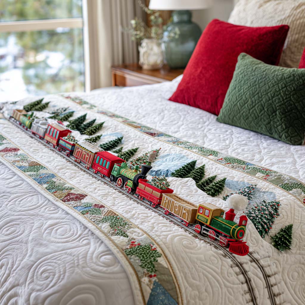 Holiday Train Quilted Bed Runner Christmas Bed Decor Secret Santa Gifts