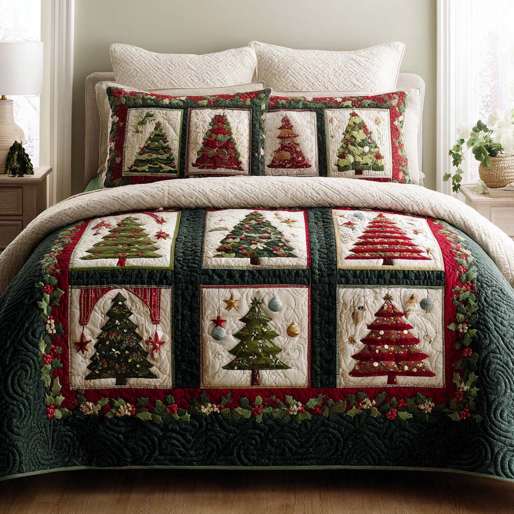 Holiday Trees Quilted Bedding Set Exclusive Bedding Gift Set for Luxury Sleep