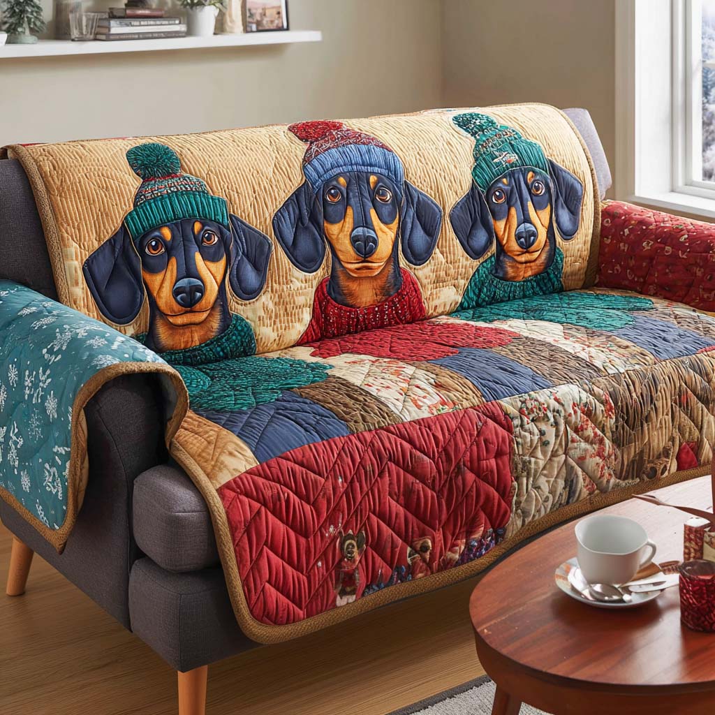 Holiday Trio Quilted Sofa Cover Christmas Family Room Decor Sausage Dog Merchandise