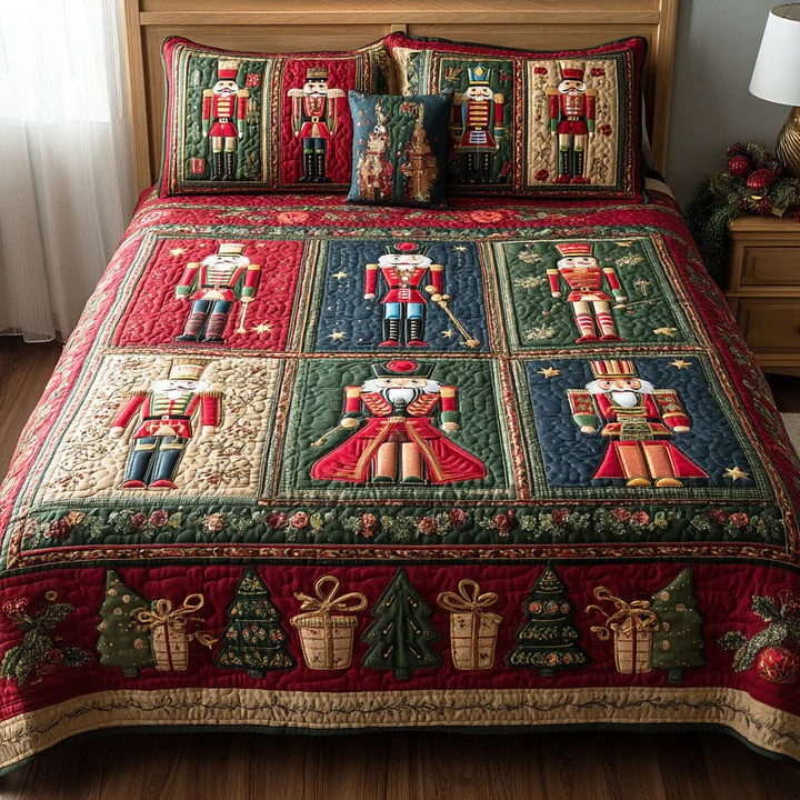 Holiday Trooper 3-Piece Quilted Bedding Set Nutcracker Christmas Holiday Bedspread Best Xmas Gift