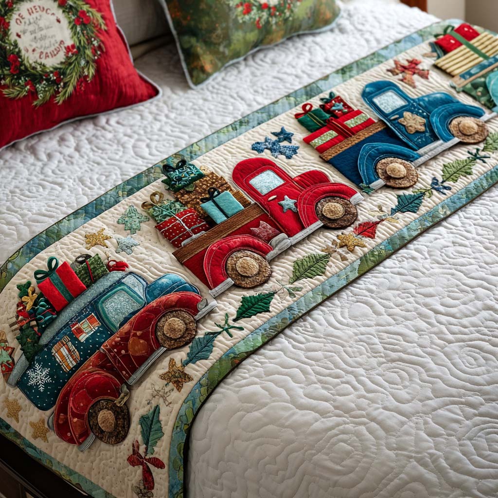 Holiday Trucks Quilted Bed Runner Christmas Bedroom Decor Holiday Gift Ideas