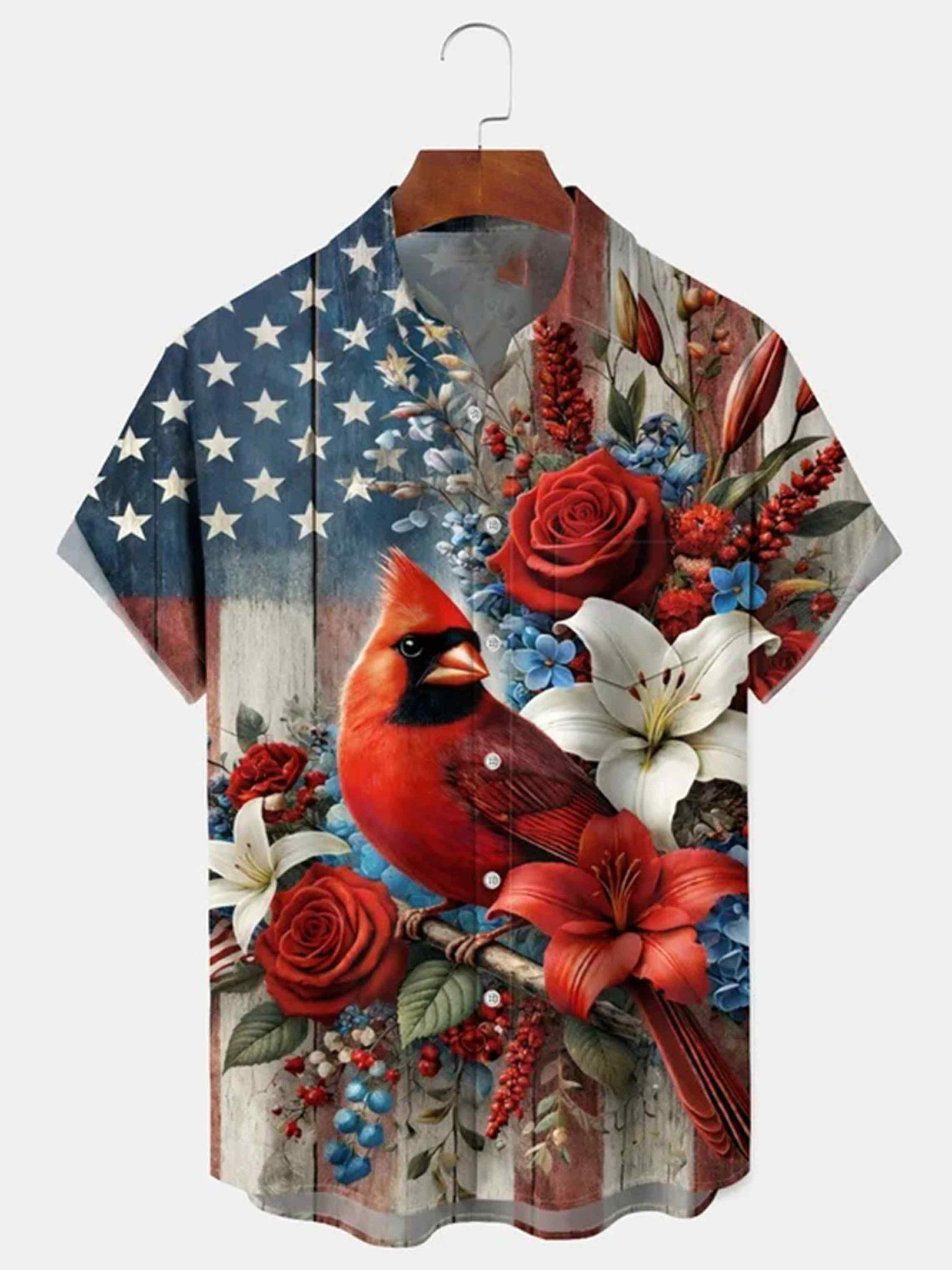 Holiday USA Flag Patriotic Cardinal Button Shirt Semiquincentennial Clothes Gift For Men