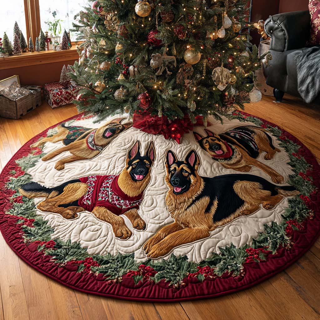 Holiday Watcher Quilted Christmas Tree Skirt Xmas Home Decor German Shepherd Owner Gifts